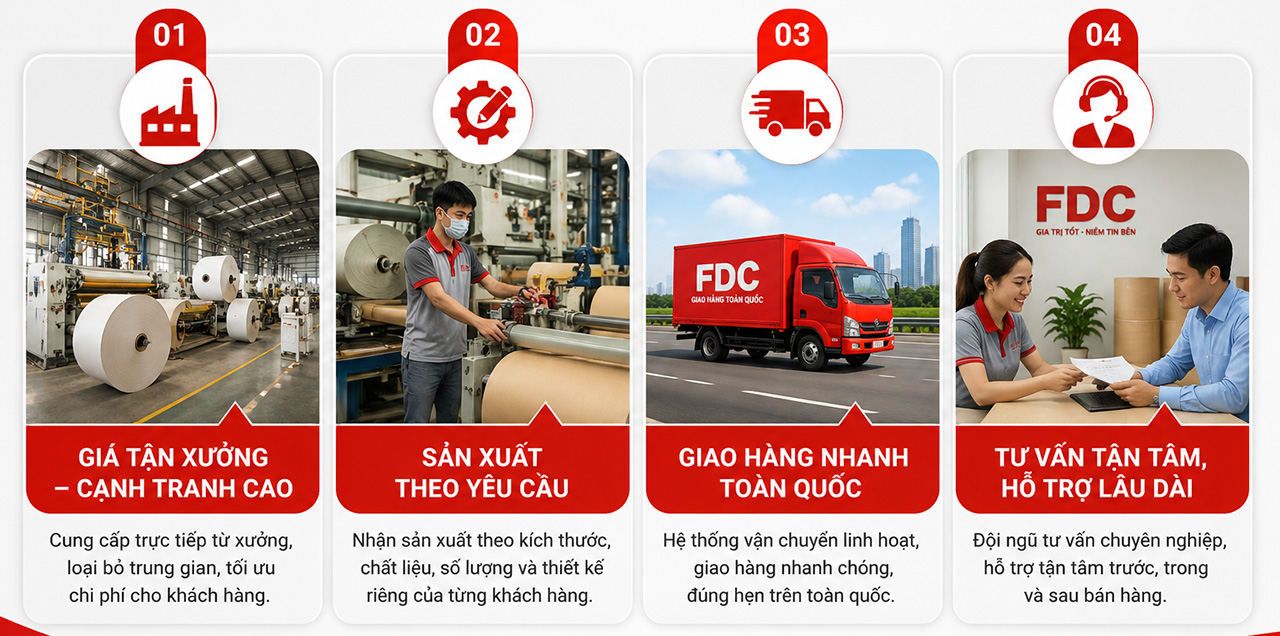 Cam kết của FDC -Giá tận xưởng – cạnh tranh cao -Sản xuất theo yêu cầu -Giao hàng nhanh toàn quốc -Tư vấn tận tâm, hỗ trợ lâu dài